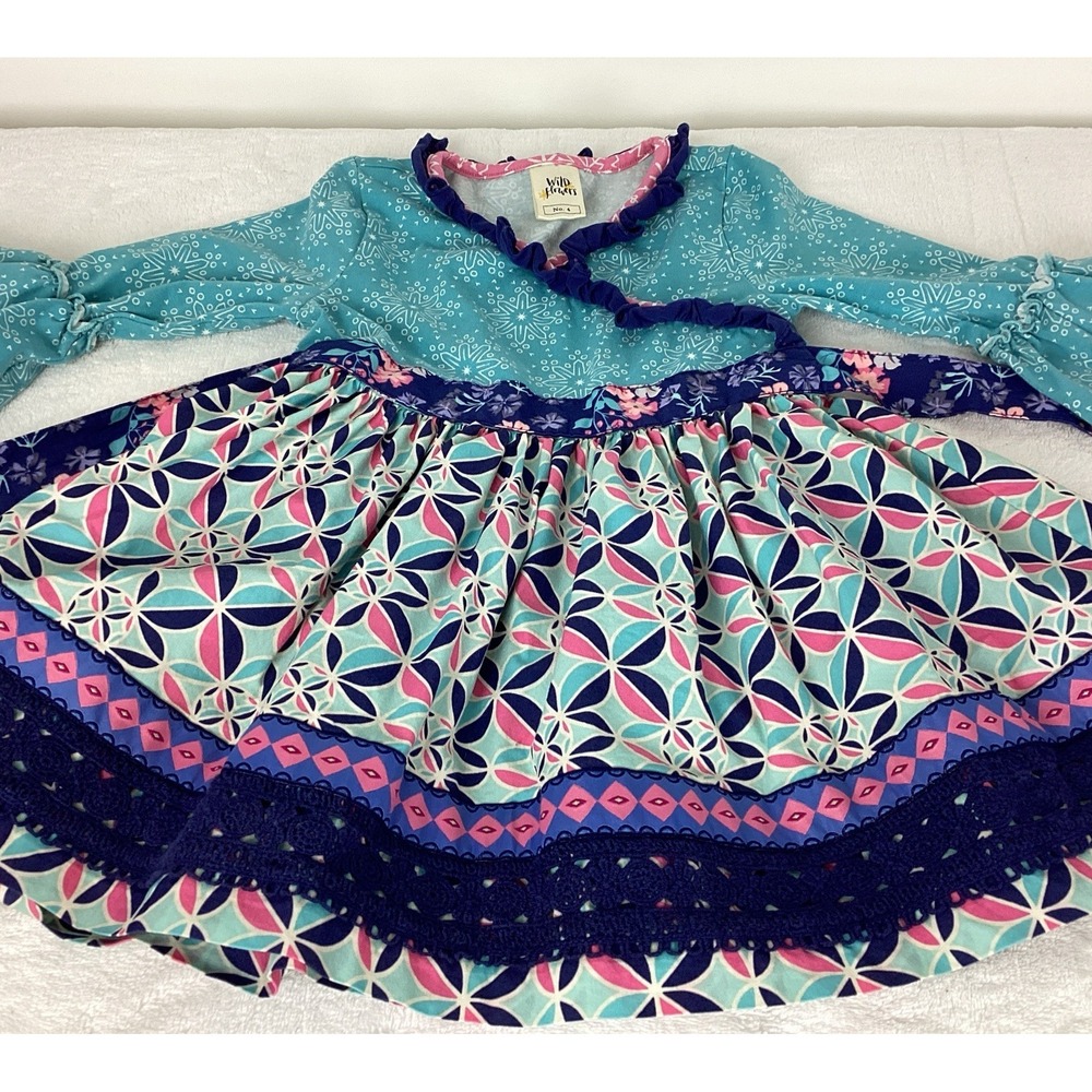 Wildflowers Girls Dress Size 4 Blue Pink Pinwheel Long Flutter Fairy Eyelet Trim
